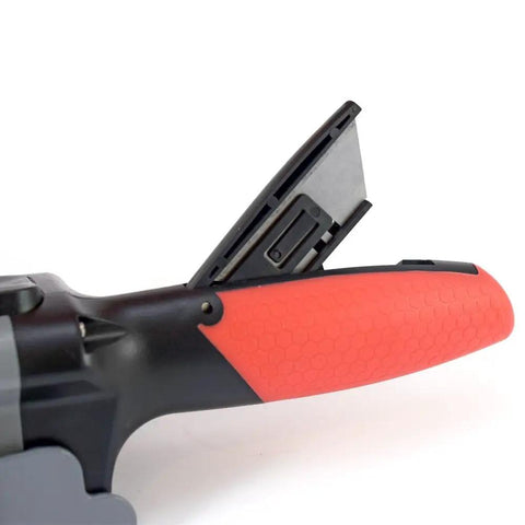 Close-up of All in One Drywall Tool With Built In Tape Measure And Utility Knife feature, showing orange handle and blade compartment.