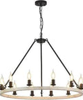 Oak Wood Finish Wagon Wheel Farmhouse Chandelier, 31.5 Inch Round Rustic 12 Light Fixture With Adjustable 47 Inch Chain
