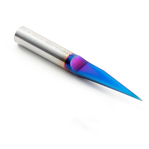 Fifteen Degree V Groove Engraving Router Bit Pro Grade With Five Thousandths Inch Tip And One Quarter Inch Shank Nano Blue Coat Solid Carbide
