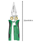 The Real McCoy 8 In One Wire Stripper With Built In Voltage Tester And Heavy Duty Crimping Pliers, 22cm long, green handles, stainless steel tips.