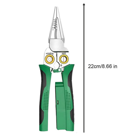 The Real McCoy 8 In One Wire Stripper With Built In Voltage Tester And Heavy Duty Crimping Pliers, 22cm long, green handles, stainless steel tips.