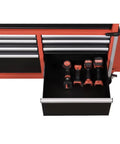 Inside view of Shop Workhorse 10 Drawer Rolling Tool Chest Cabinet With Slick Roll Casters And 56 Inch Wide Steel Build, organized with tools.