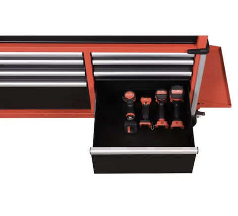 Inside view of Shop Workhorse 10 Drawer Rolling Tool Chest Cabinet With Slick Roll Casters And 56 Inch Wide Steel Build, organized with tools.