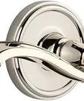 Georgetown Rosette With Left Hand Portofino Lever Privacy Lock Set Two And Three Eighths Inch Backset Polished Nickel