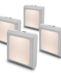 Plug In Dimmable LED Night Light With Auto Dusk To Dawn Sensor Soft Warm White For Hallways Bedrooms Kids Rooms Kitchens And Stairs Adjustable Brightness From 0 To 15 Lumens 4 Pack, showing four units.