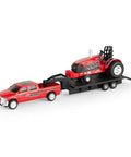 Red Menace One Sixty Fourth Scale Pulling Tractor With Pickup Truck And Trailer Set diecast tractor on plastic trailer toy