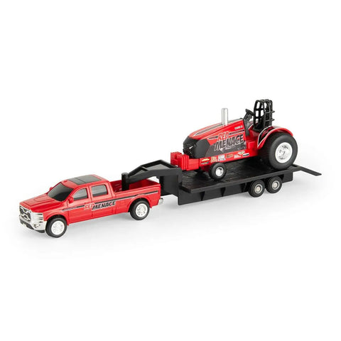 Red Menace One Sixty Fourth Scale Pulling Tractor With Pickup Truck And Trailer Set diecast tractor on plastic trailer toy