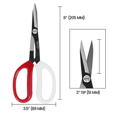 Deluxe 8 Inch Scissors For Gardening And Crafting With Durable Carbon Steel Blades, ergonomic red and white handles, measurements shown