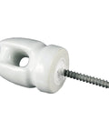 Zareba ceramic lag screw insulator for wood posts, side view; white ceramic body with screw.