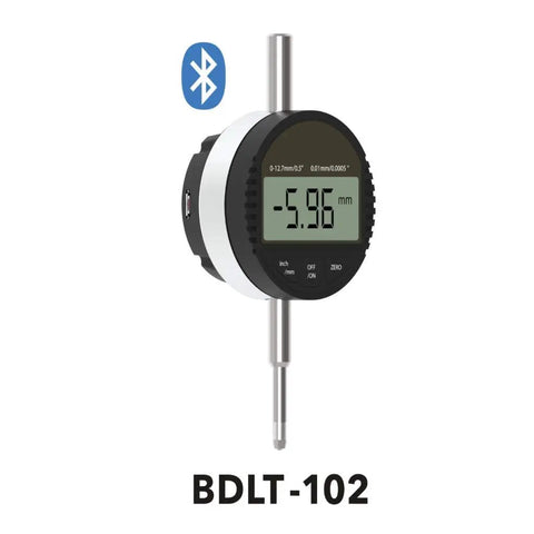 BlueDial Bluetooth Dial Indicator Lite 0.01mm Resolution 12.7mm Range 8 Hz Wireless Data Indoor 20m Outdoor 30m 400mAh Battery 50 Hour Life Precision Machining Gauge For Metalworking digital dial indicator with Bluetooth icon and LCD display