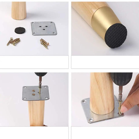 Premium Heavy Duty Rubber Wood Furniture Support Legs Set Of Four for Couches, with mounting hardware and installation process.