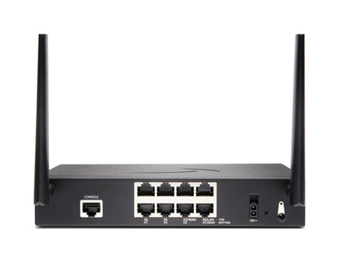 Next Gen Network Security Appliance Bringing Badass Firewall Defense And Rock Solid Speed To Your Office Setup Paired With Five Year Round The Clock Technical Support Bundle, black desktop unit with antennas and multiple LAN ports.