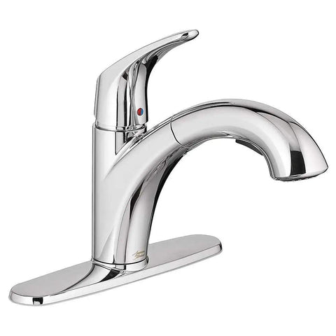 Colony Pro Pull Out Kitchen Faucet with Dope Sprayer and Ceramic Disc Valve in polished chrome with deck plate and single lever.