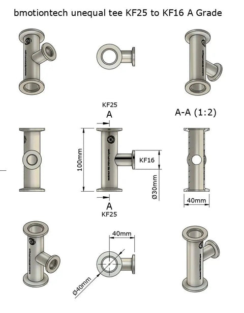 Premium KF25 To KF16 Unequal Tee Vacuum Fitting With Dual KF25 Flanges And Center KF16 ISO KF Adapter For Vacuum Systems No Logo Precision Machined Beefy And Built To Last, CAD drawing