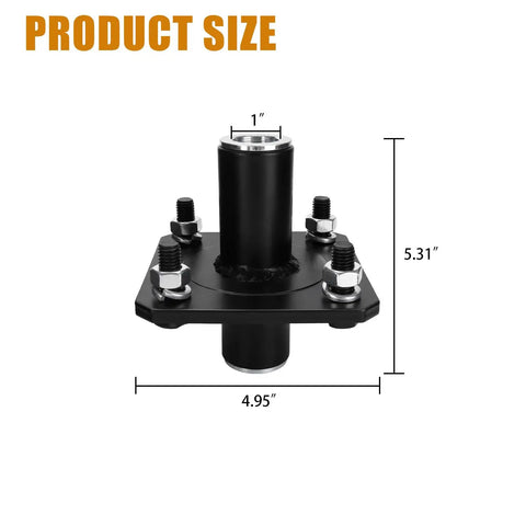 Front view of Beefy Tail Wheel Hub for Rotary Cutter, 4 bolt holes, 1 inch axle universal fit, heavy-duty black hub with dimensions