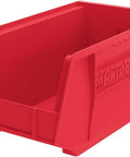 Heavy Duty Red Plastic Storage Bins 18 Pack With 15 By 8 By 7 And 15 By 16 By 7 Inch Sizes Stackable Hanging Crates For Badass Garage Organization Setup Legit Waterproof Totes Top Shelf Tool Workbench Gear Red storage bin with open top.