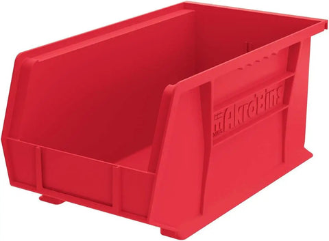 Heavy Duty Red Plastic Storage Bins 18 Pack With 15 By 8 By 7 And 15 By 16 By 7 Inch Sizes Stackable Hanging Crates For Badass Garage Organization Setup Legit Waterproof Totes Top Shelf Tool Workbench Gear Red storage bin with open top.