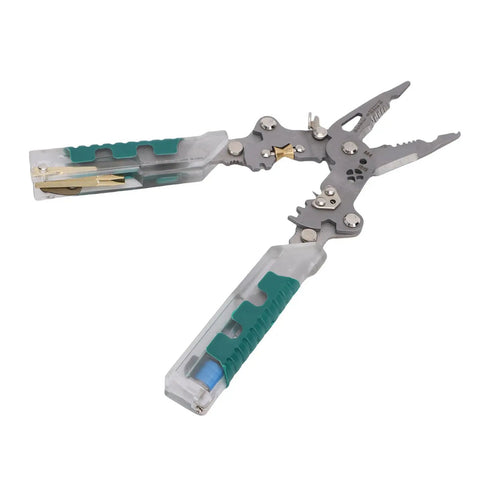 Get 8.8 Inch Folding Wire Stripper Pliers With Built-in Voltage Tester And Screwdriver shown with steel jaws and ergonomic handles.