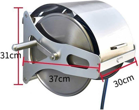Heavy Duty Badass Retractable Hose Cart Stainless Steel Garden Hose Reel, wall mount, 37cm width, 31cm height, with hose.