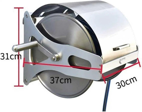 Top Shelf Stainless Steel Garden Hose Reel Cart With Quick Draw Wall Mount showing dimensions 31cm height, 37cm width, 30cm depth.