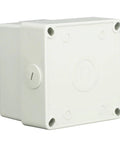 Weather Resistant Outdoor Electrical Outlet With IP66 Splash Proof Rating And Heavy Duty Three Prong Design For Rock Solid Backyard Power Hookups In All Weather, white receptacle box with mounting holes.