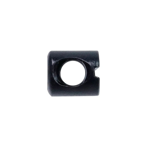 Close-up of a single black M6 barrel nut from 20 Pcs M6 Barrel Nuts Cross Dowels Slotted Nuts Replacement Hardware Kit for cribs and flat furniture.