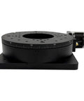 Pro Grade Hollow Shaft Worm Drive Motorized Rotary Index Table With Synced Step Driver For Dead Center Angular Positioning, side view, black.
