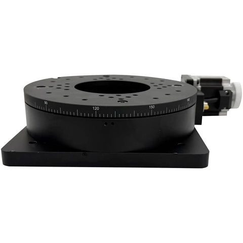 Pro Grade Hollow Shaft Worm Drive Motorized Rotary Index Table With Synced Step Driver For Dead Center Angular Positioning, side view, black.