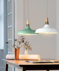 Wood Metal Colorful Pendant Light, Simple Farmhouse Lighting, Indoor Rustic Fixture, Lamp for Over Kitchen Island Dining Room Table Bar Counter Laundry (Gray)(Yellow), hanging over a wooden table with greenery.