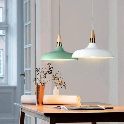 Wood Metal Colorful Pendant Light, Simple Farmhouse Lighting, Indoor Rustic Fixture, Lamp for Over Kitchen Island Dining Room Table Bar Counter Laundry (Gray)(Yellow), hanging over a wooden table with greenery.