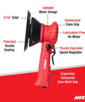Side view of red 6-Inch Composite Dual Action PSA Sander With 10,000 RPM, low-vibration pneumatic tool showing labeled features.