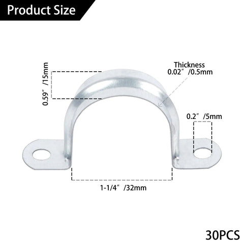 30 Piece Beast Mode Pipe Clamps Solid Grip U Bracket Cable Holders For 1 1/4 Inch Tubes, zinc coated, 0.59" wide, 0.02" thick.