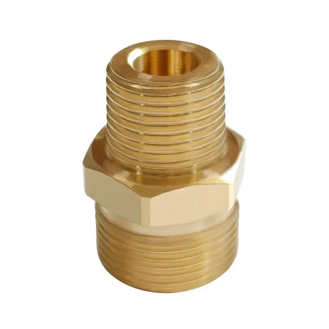 Brass pressure washer coupling with M22-14mm male to 3/8 in NPT male threads, hex nipple adapter