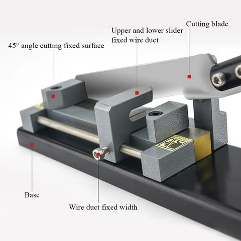 Open Slot Wire Duct Cutter Tool For PVC Ducts And Covers With 45 Degree And 90 Degree Angled Cuts Burr Free Labor Saving Portable Duct Cutting Machine Ideal For Electricians And DIYers On The Go, showing cutting blade and wire duct inserts