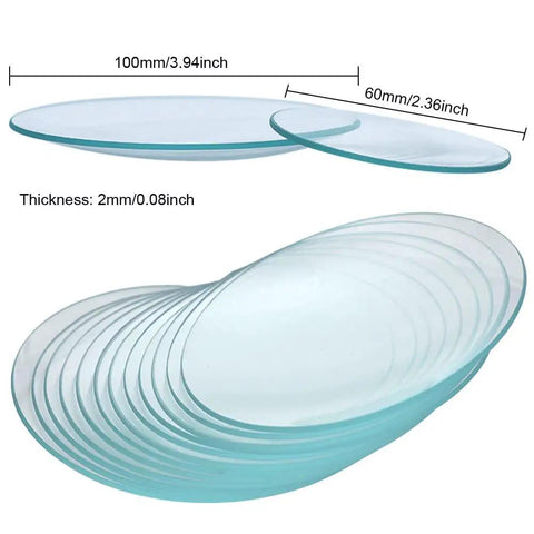 Lab Watch Glass Set With Beaker Cover Lids, 3.9 Inch Diameter, 12 Pieces, Thickened High Transparency Glassware For Chemistry Experiments And Classroom Use, displayed stacked with labeled dimensions.