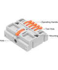 Close-up of 4 Pack Din Rail Quick Terminal Blocks Plug And Play Wire Splitter Connector featuring orange handle and labeled holes.