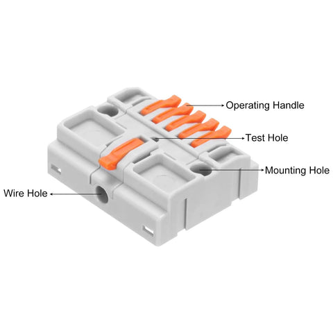 Close-up of 4 Pack Din Rail Quick Terminal Blocks Plug And Play Wire Splitter Connector featuring orange handle and labeled holes.