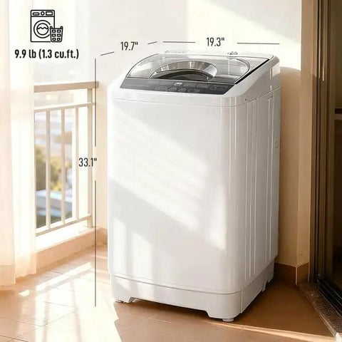Fully Automatic Portable Washing Machine And Spin Dryer Combo With 14 Lbs Capacity built for dorms, showing dimensions and compact design.