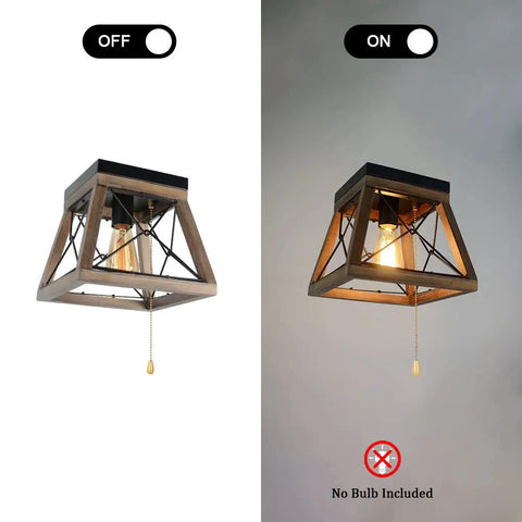 Rustic Wood Farmhouse Ceiling Light With Pull Chain 1 Light Small Square Black Flush Mount For Hallway Closet Laundry Room Edison E26 Compatible Country Style Indoor Lighting