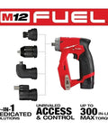 Real Deal Brushless Cordless Drill Driver Installation Kit With 12V Battery Rig Featuring Right Angle Offset And Metal Chuck Attachments, showing drill with various heads.