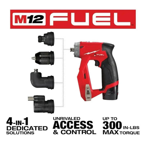 Real Deal Brushless Cordless Drill Driver Installation Kit With 12V Battery Rig Featuring Right Angle Offset And Metal Chuck Attachments, showing drill with various heads.