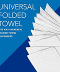 Universal folded towels, white, front view stacked in a fan for universal towel dispensers