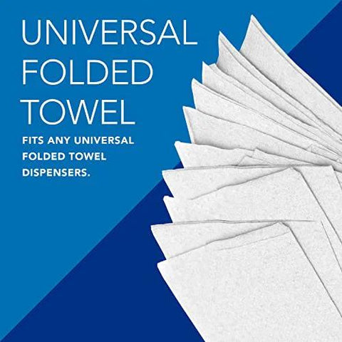 Universal folded towels, white, front view stacked in a fan for universal towel dispensers