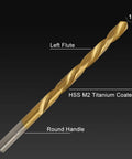 Close-up of Left Hand Drill Bit Set 13 Pc For Metal Wood Plastic HSS M2 Titanium Nitride Coated 135 Degree Split Point Reverse Drills.