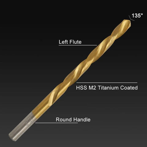 Close-up of Left Hand Drill Bit Set 13 Pc For Metal Wood Plastic HSS M2 Titanium Nitride Coated 135 Degree Split Point Reverse Drills.