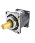Heavy Duty 180 Mm Flange Planetary Gear Reducer Featuring A Slick 35 Mm Input Shaft And Badass 16 To 1 Step Down Ratio That Plays Nice With High Power 3kw 4kw 5point5kw Servo Motors, side view with a yellow input shaft.