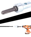 4 Pit Drill Bit Adapter For Electric Hammer To Earth Auger Connector, Heavy Duty Metal Construction, shown with auger and hammer