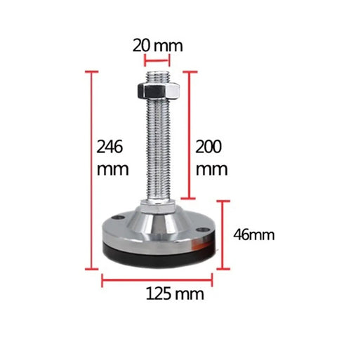 Four Pack M20 Threaded Adjustable Leveling Feet For Heavy Duty Shop Gear And Benches Carbon Steel Base with measurements.