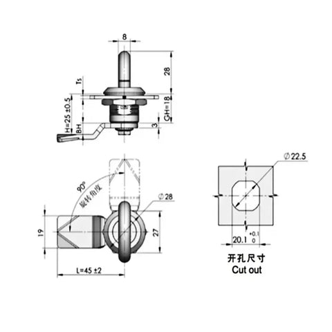 Technical diagram of Heavy Duty Zinc Alloy Cam Lock For Cabinets showing dimensions and parts details