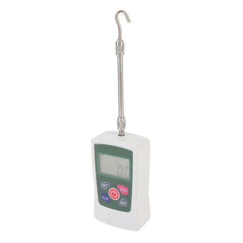 Digital Force Meter 100N Push Pull Tester With Backlit Display Four Units N Kg Lb Oz Auto Shutdown Pro Grade Handy Portable For Quick And Accurate Material Testing For Lab And Field Quality Control. white handheld digital force meter with hook attachment and display